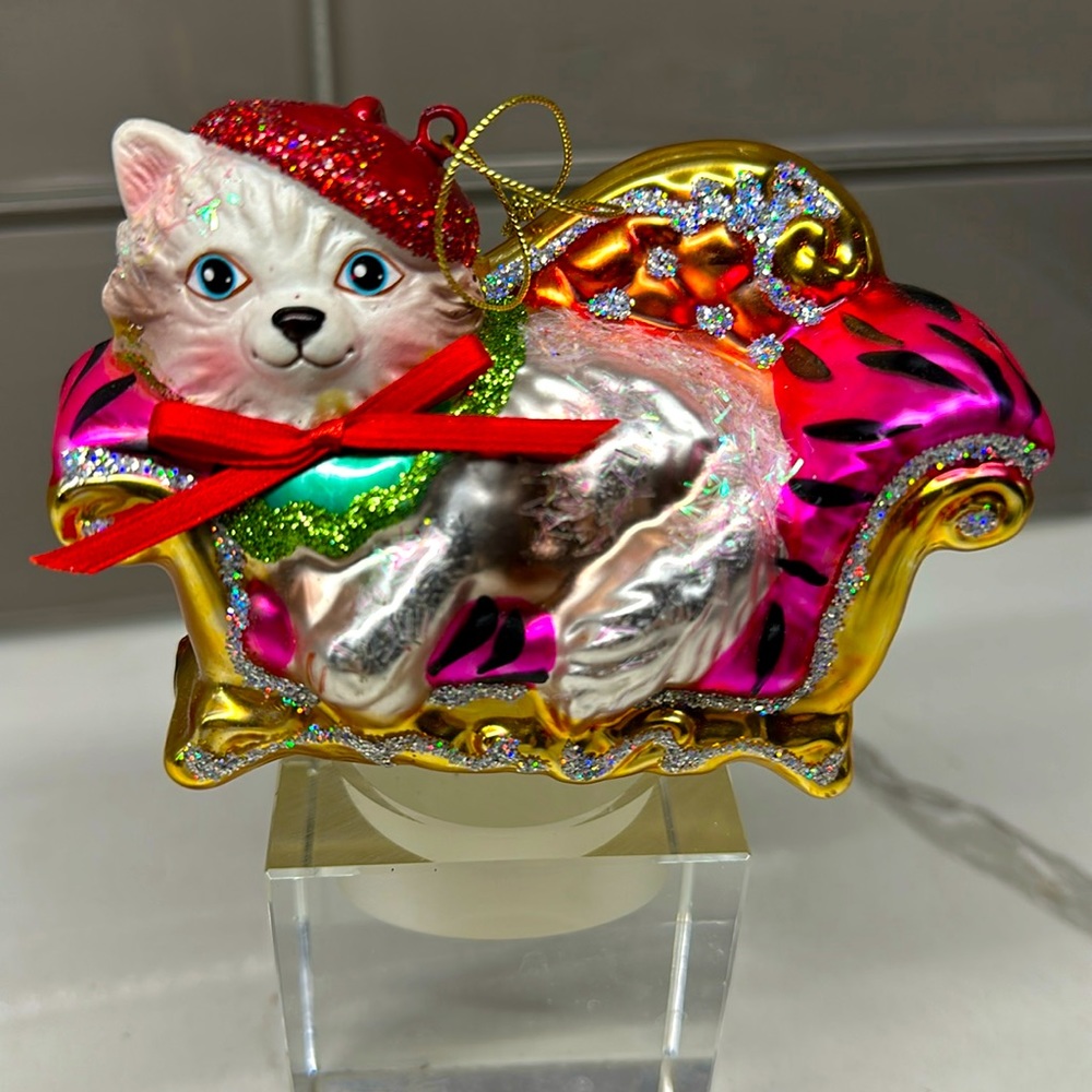 French Cat Glass Christmas Ornament
